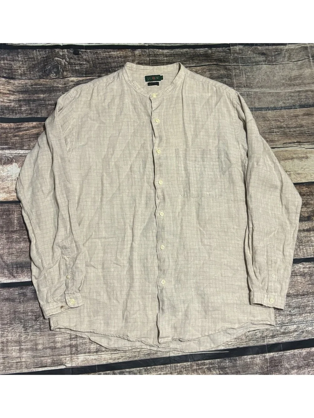 90s J Crew Shirt Mens Large Linen Check Beige Band Collar Pocket